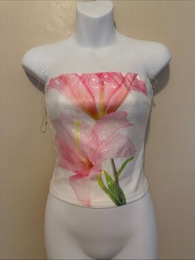 Pink Floral Strapless Tube Top with Sequin Detail